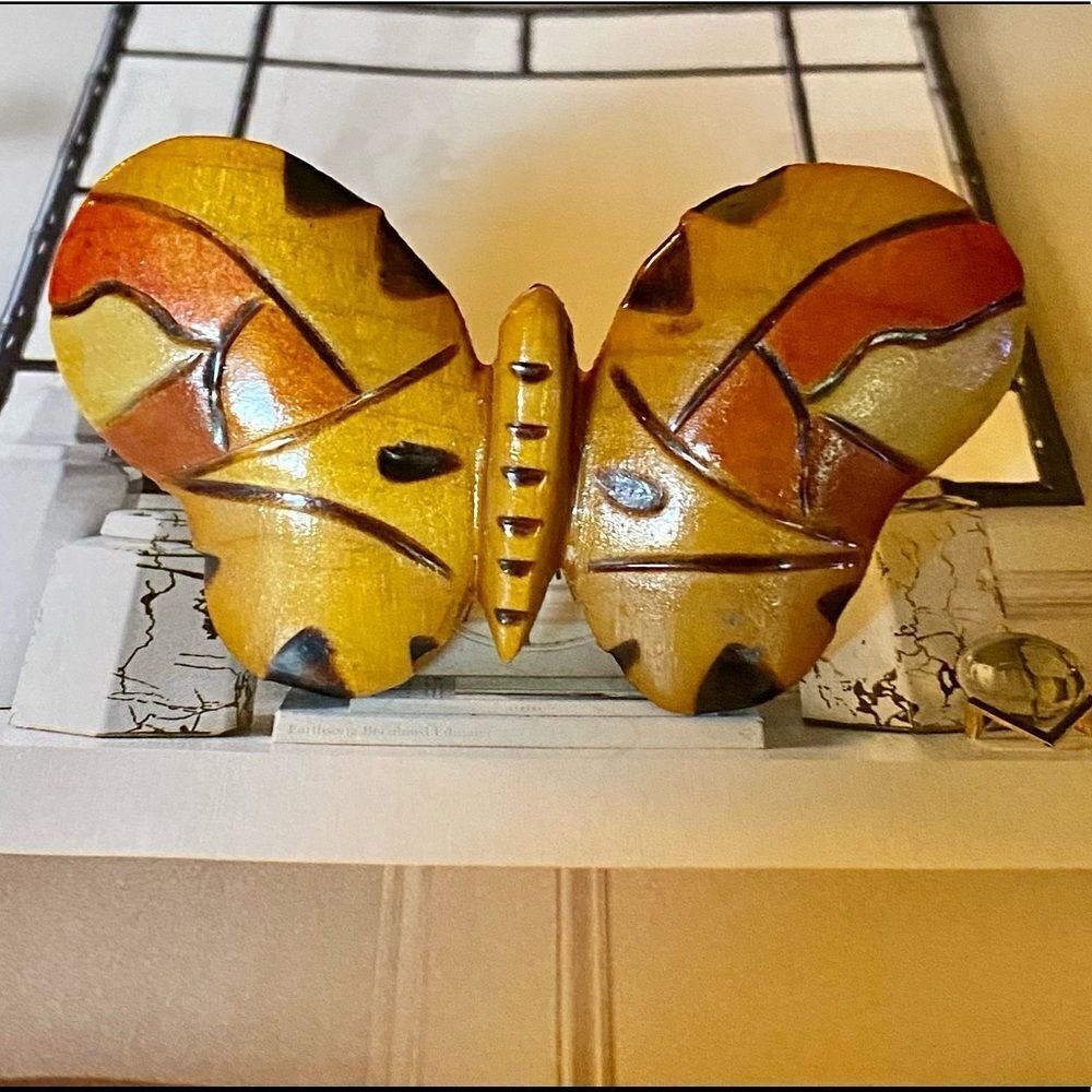 VINTAGE hand crafted wood butterfly brooch